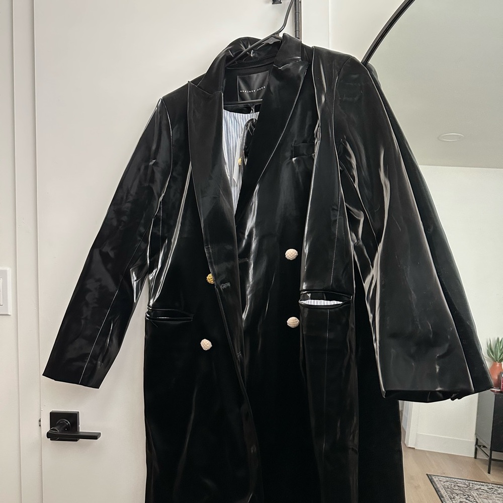 Endless Rose Shiny Faux Leather Black Trench Coat with Gold Buttons - Picture 3 of 4
